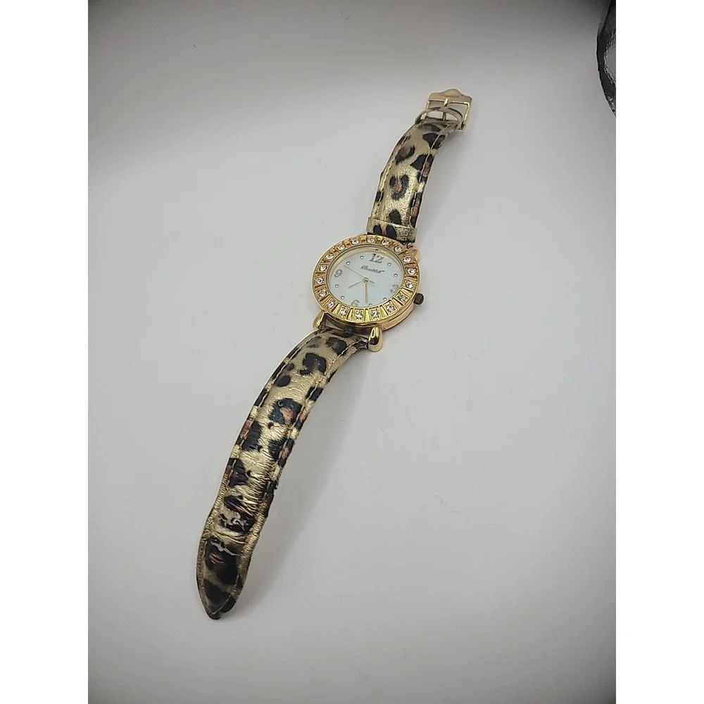 Vintage Bombshell Wristwatch Watch Leopard Print Strap Rhinestones Jewelry